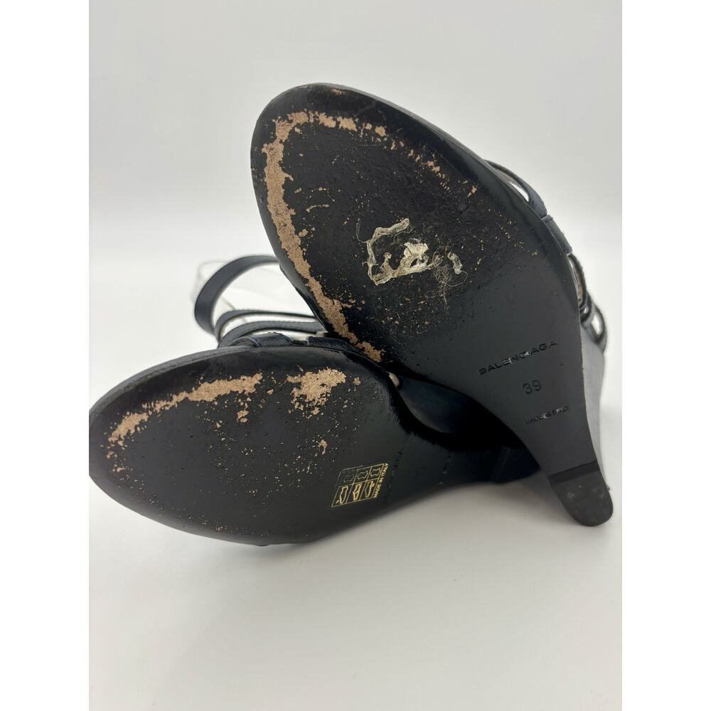 Balenciaga Wedge Sandals Navy Blue Leather Studded Size 39 / 9 Ankle Strap - Picture 7 of 15